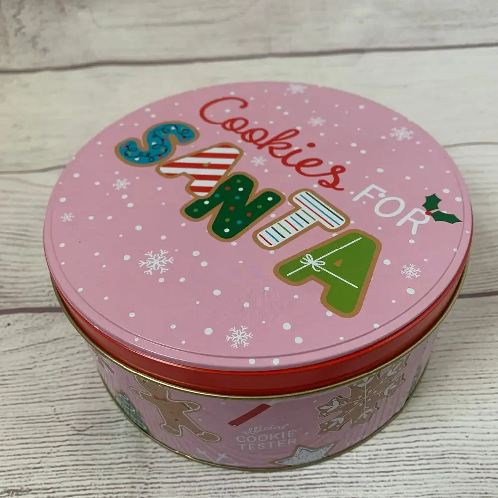 Vintage Pink Christmas Cookies for Santa Tin Empty Metal Storage Box Snowflakes